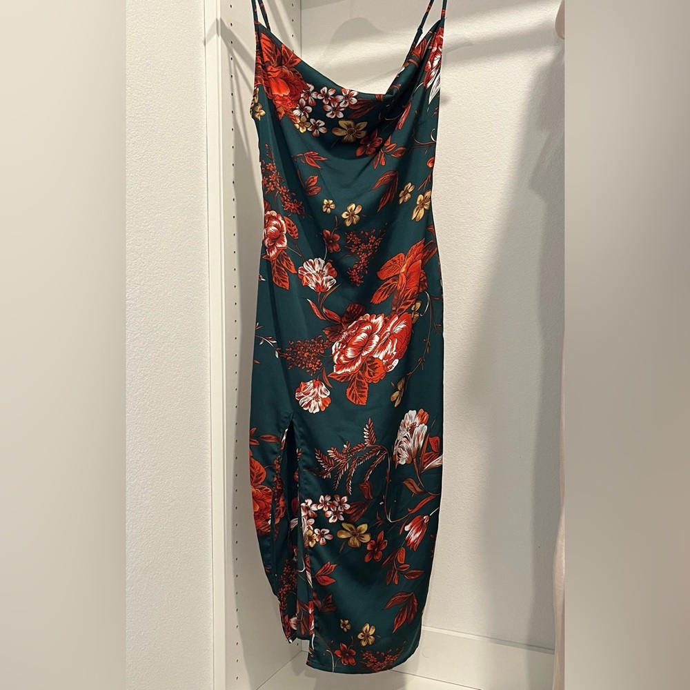Vibrant satin cowl neck dress with side slit